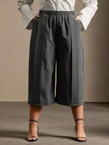 Vixey Elastic Waistband Panel Detail Culotte Office Pants - Dark Grey - View 1