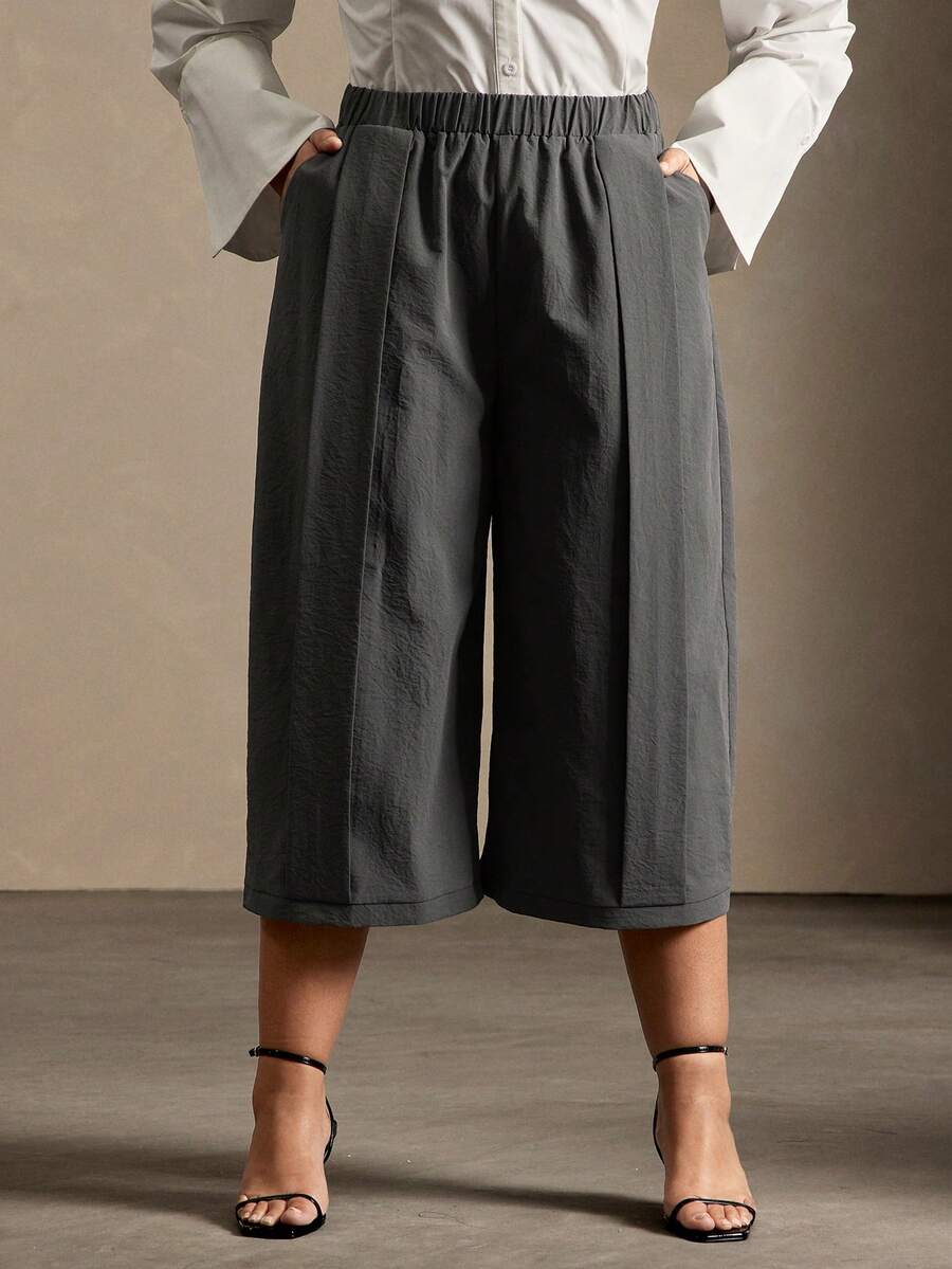 Vixey Elastic Waistband Panel Detail Culotte Office Pants - Dark Grey - View 1