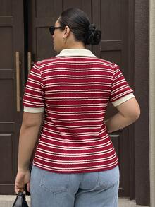 Dripcurv Burgundy And Striped Polo Shirt For Women Stylish Collared Short Sleeve Top - Burgundy - View 2