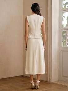 Anewsta Spring/Summer New Elegant Romantic 3D Textured Ombre Pearl Sleeveless Waist Cinched 2-Piece Set, Suitable For Vacation, Party, Business, Beach Date - Apricot - View 2