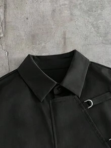 AXEPEAK 男士纯色简约休闲短袖衬衫 - 黑色 - 查看 3