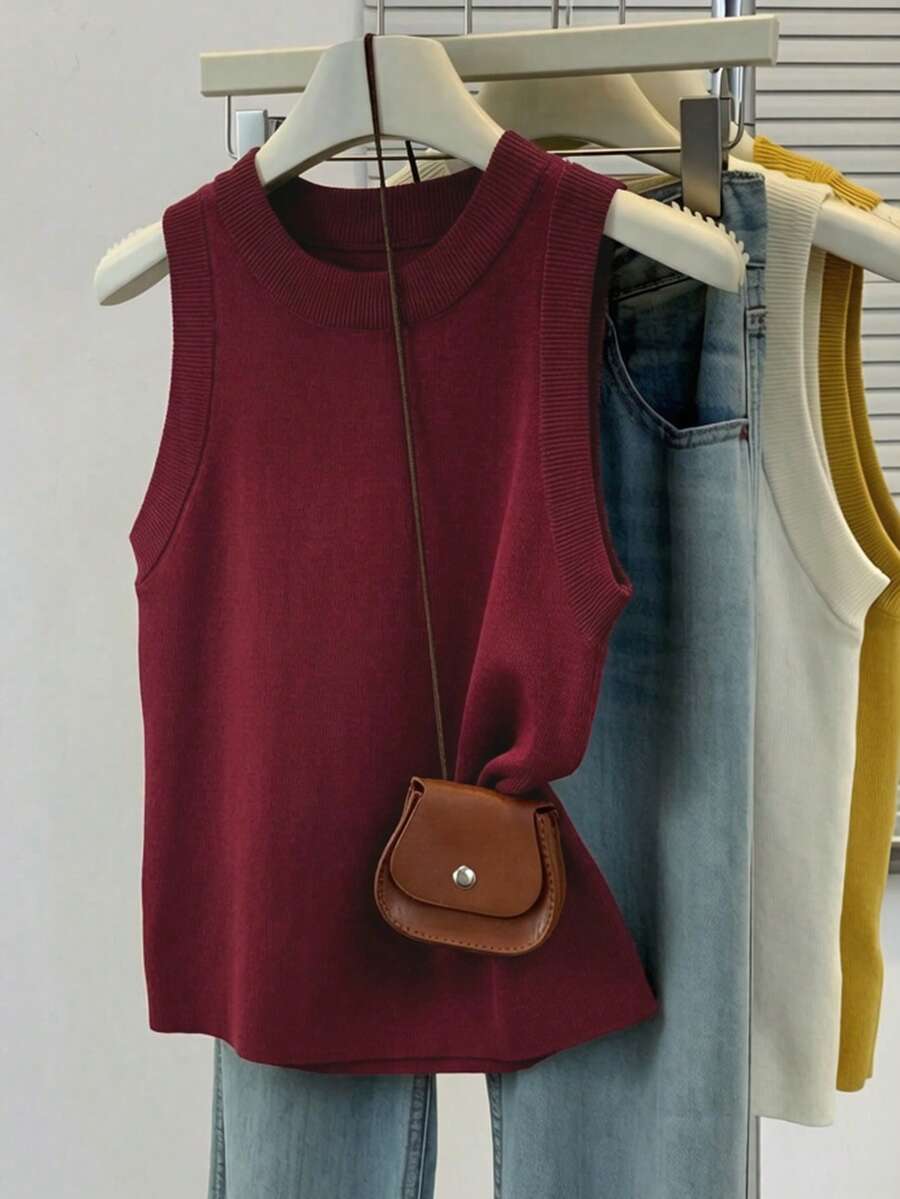 SHEIN Women's Solid Color Round Neck Casual Versatile Knit Vest - Red - View 1
