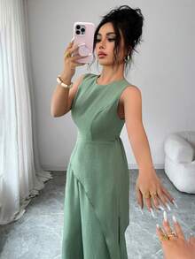 Elenzga 女士时尚圆领不规则荷叶边下摆系带腰带休闲裤套装，绿色，春夏两件套，适合派对、约会、用餐、海滩度假、返校、教师节、母亲节、复活节、圣帕特里克节、节日、日常休闲穿着、通勤。 - 綠色 - 查看 6
