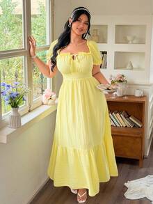 FleurLily Plus Size Women's Square Neck Puff Sleeve Bow Tie Waist Backless Dress, Elegant For Outings And Gatherings - Light Yellow - View 6