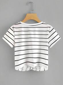 SHEIN Unity Women's Standard Size Printed Striped Casual Vacation T-Shirt With Twist Hem Design - White - View 2