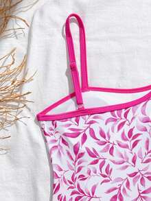 SHEIN Bộ đồ bơi liền thân và váy lưới màu hồng cánh sen thanh lịch dành cho bé gái tuổi teen, phối cùng họa tiết lá cây và viền màu hồng cánh sen, thích hợp cho bãi biển, kỳ nghỉ hè và các bữa tiệc bơi. - Nhiều màu - Xem 4