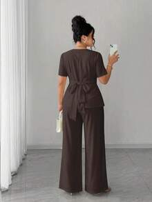 Elenzga Plus Size Women Summer Commuter Elegant Waist Cinched Short Sleeve Top Paired With Wide Leg Pants - Brown - View 2