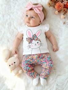 SHEIN Vintaside Kids 2pcs/Set Baby Girl Easter Rabbit Flutter Sleeve Top And Floral Pants Set For Summer - White - View 3