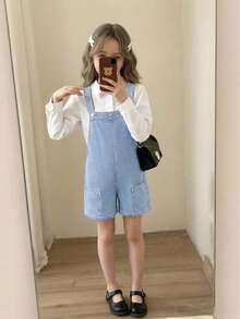 SHEIN 适合少女的时尚休闲Y2K复古酷炫街头宽松舒适深蓝色牛仔阔腿抽绳短裤，适合少女日常穿着，也适合春夏派对、音乐节和街头服饰穿着，2026春夏新款时尚 - 淺色水洗藍 - 查看 6