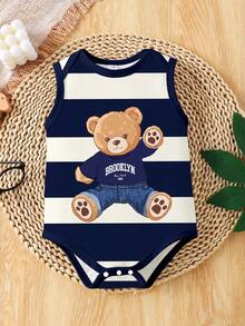 Bộ áo liền quần cho bé trai dễ thương, tối giản, họa tiết gấu kẻ sọc, thích hợp mặc hàng ngày và đi chơi mùa hè. - Nhiều màu - Xem 3