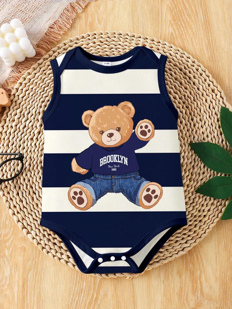 Pelele de bebé niño con estampado de oso a rayas en estilo minimalista y adorable, adecuado para uso diario y salidas de verano - Multicolor - Ver 1