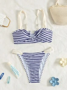 Swim Mod 女士条纹印花撞色V领金属装饰性感比基尼套装，26SS夏季简约优雅沙滩度假派对风格泳装两件套 - 彩色 - 查看 4