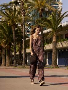 Nöista Jumpsuit Kaki Lebar Motif Geometris untuk Pakaian Liburan, Gaya Musim Panas, dan Pakaian Akhir Pekan. - Coffee Brown - View 6