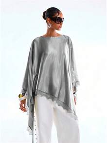 LYSMO Blusa holgada de mujer con mangas acampanadas, de unicolor satinado con encaje de contraste, para primavera/otoño - Gris - Ver 6