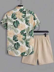 Oro Vacation Conjunto de pantalón corto y top de manga corta con estampado de hojas para hombre talla grande, atuendo casual de playa y vacaciones - Multicolor - Ver 3