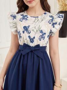Teen Girl Elegant Floral Print Ruffle Sleeve Midi Dress With Waist Belt And Bow, Vacation Dresses - Navy Blue - View 5