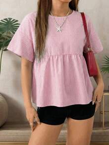 SHEIN EZwear 女士休闲条纹梭织衬衫，夏季 - 橘色 - 查看 11