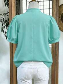 Linhara Women's Spring/Summer Stand Collar Puff Sleeve Elegant Short Sleeve Blouse, Suitable For Dates, Commuting, Hanging Out With Friends - Green - View 2