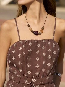 Nöista Jumpsuit Kaki Lebar Motif Geometris untuk Pakaian Liburan, Gaya Musim Panas, dan Pakaian Akhir Pekan. - Coffee Brown - View 12