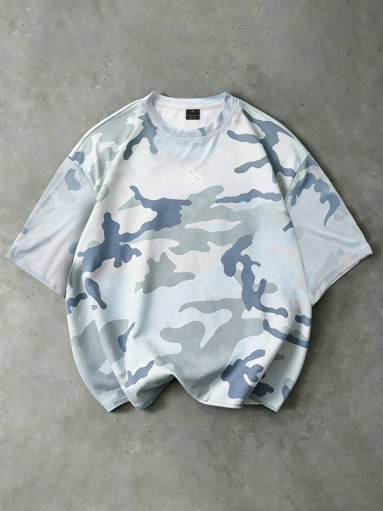 SUMWON Oversized Blue Camouflage Print Crew Neck Tee