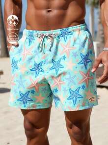 CoralVoy Pantalones cortos de playa con estampado de estrella de mar y cordón en la cintura para hombres de talla grande - Agua verde azul - Ver 1