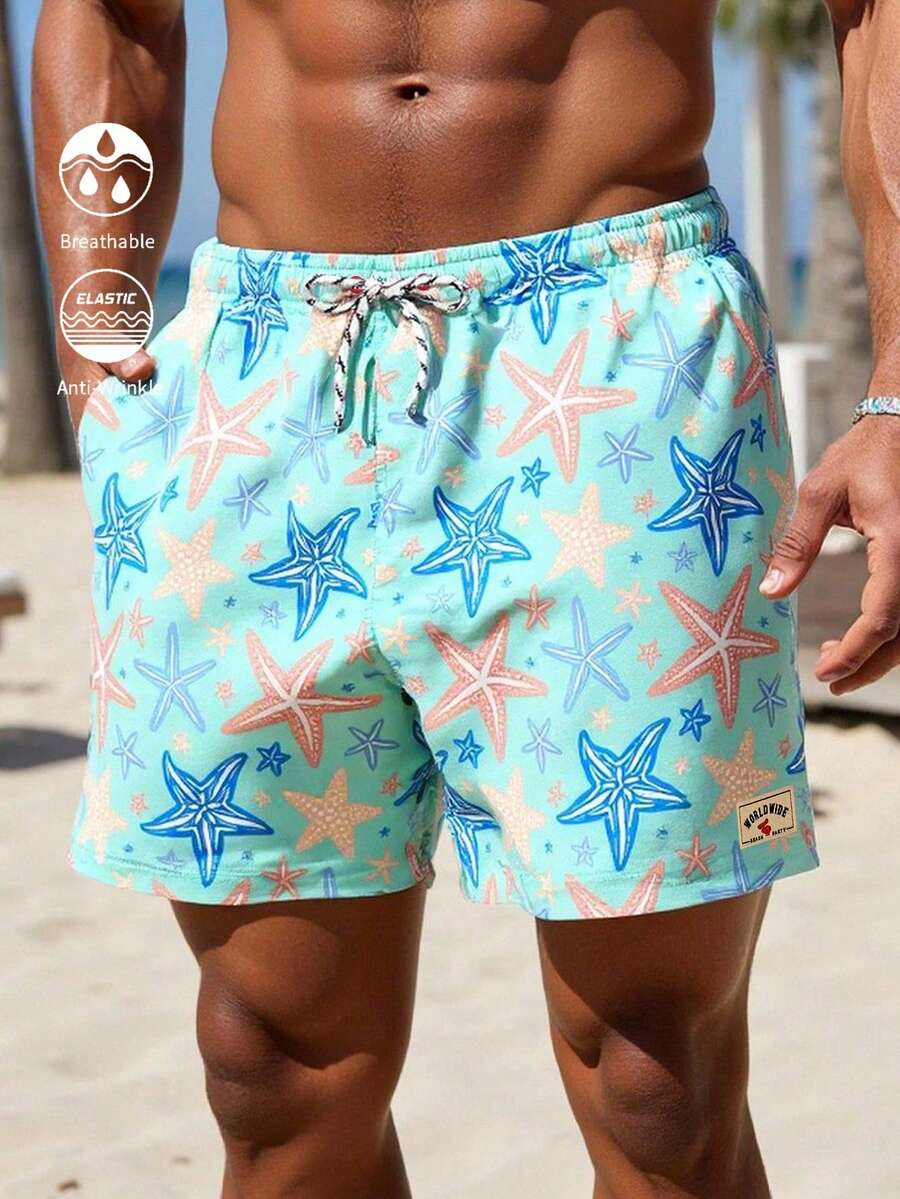 CoralVoy Pantalones cortos de playa con estampado de estrella de mar y cordón en la cintura para hombres de talla grande - Agua verde azul - Ver 1