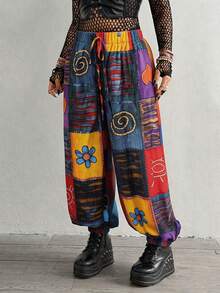 Whyspr Plus Size Dark Style Patchwork Print Loose Pants - Multicolor - View 3