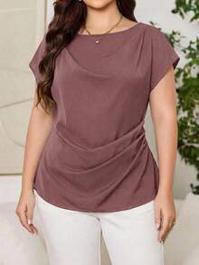 Reflora Camisa de uso diario versátil y casual con pliegues de unicolor para mujer de talla grande - Rosa vieja - Ver 2