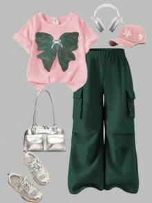 SHEIN Elladie kids 2件組 青少年女孩粉色與萊姆綠夏季可愛休閒開學T恤工裝褲套裝 優雅派對洋裝 - 彩色 - 查看 4