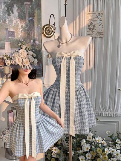 Celisse Đầm ngắn xếp ly họa tiết răng cưa chắp vá dành cho nữ, thích hợp cho các buổi tiệc tùng hoặc đi chơi.
