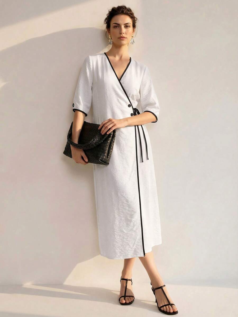 Uhlyne Uhlyne Đầm dài nữ thời trang công sở thanh lịch cổ chữ V phối viền tương phản, eo thon, dáng rộng thoải mái. - trắng - Xem 1