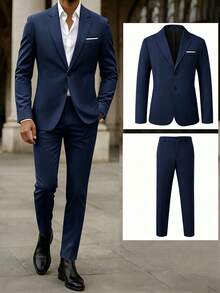 Manfinity Mode Conjunto de traje formal de hombre con blazer de manga larga y cuello con muesca de unicolor y pantalones, de moda para ir al trabajo y salidas, ceremonias - Azul Marino - Ver 5