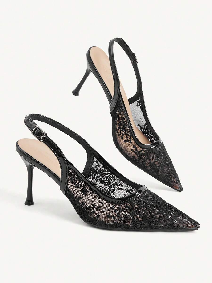 CUCCOO CHICEST Giày nữ mũi nhọn, gót nhọn, màu đen, phối ren lưới, thời trang, tiện dụng, thanh lịch, gợi cảm, giày cao gót nữ, giày slingback, giày nữ. - Màu đen - Xem 1