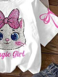 Kaos T-Shirt Kasual Anak Perempuan Remaja dengan Motif Kartun Kucing Mengkilap dan Tekstur, Dekorasi Pita Merah Muda, Ukuran Besar, Cocok untuk Musim Panas - MultiWarna - View 5
