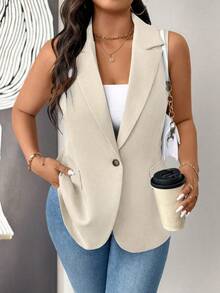 EMERY ROSE Plus Size Women Thin Casual Minimalist Sleeveless Blazer - Khaki - View 1
