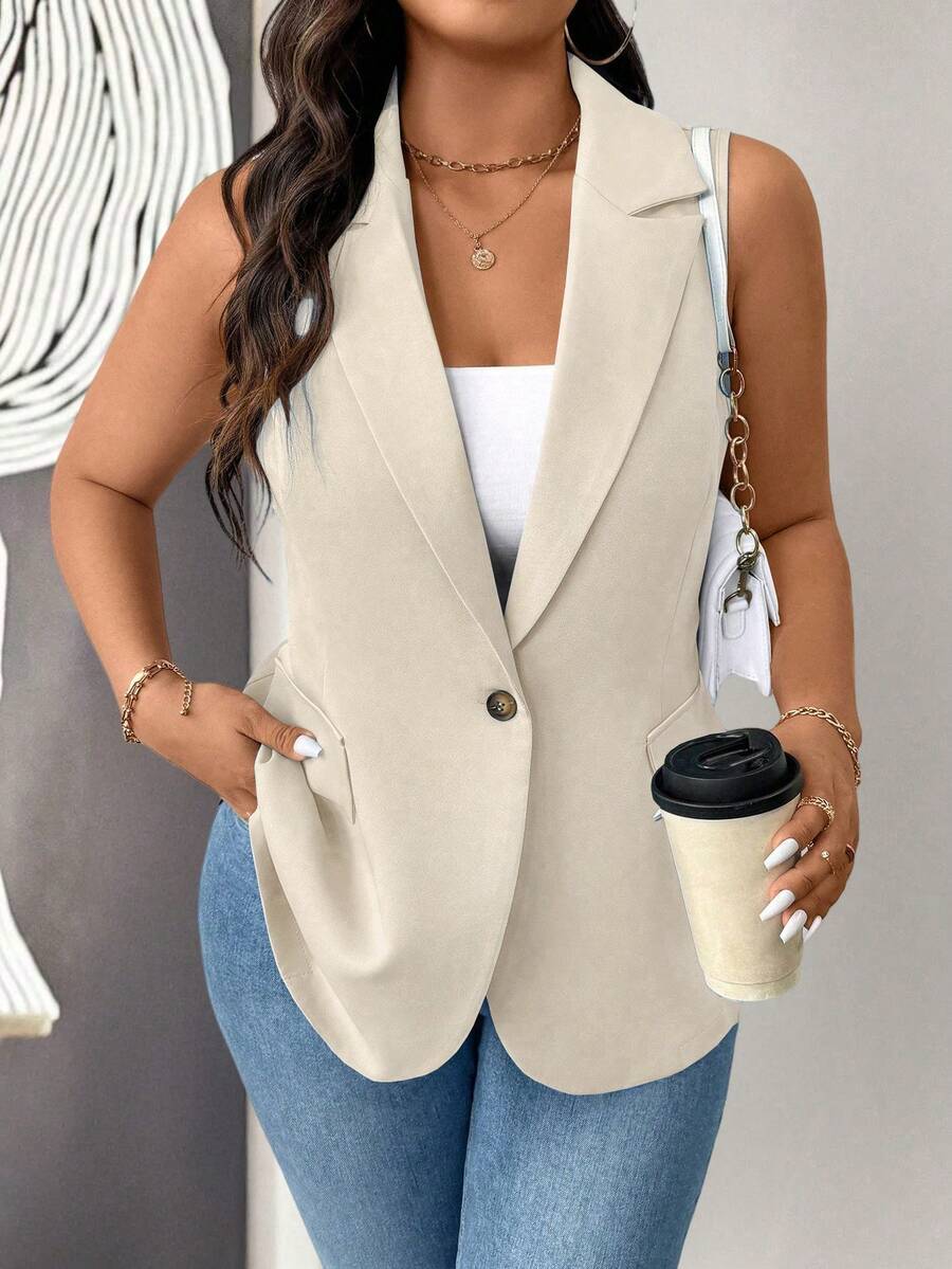 EMERY ROSE Plus Size Women Thin Casual Minimalist Sleeveless Blazer - Khaki - View 1