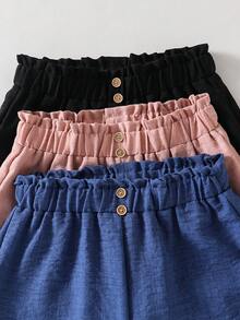 3pcs/Set Tween Girls' Textured Button Decor Solid Color Casual Shorts - Multicolor - View 3