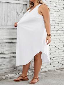SHEIN CURVE+ 大码女式纯色弧形下摆背心连衣裙 - 白色 - 查看 8