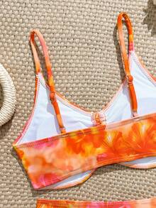 SHEIN Tween Girls Cute Floral Bikini Set,Orange 2-Piece Swimwear With Center & Side Tie,Full Coverage Bathing Suits For Teens,Summer Beach Holiday Swimming - Multicolor - View 5