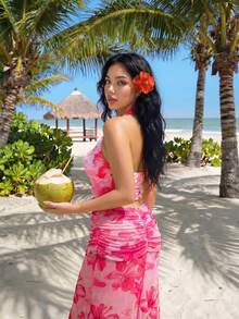 Sweetina 度假性感花卉印花不对称金属装饰女士背心 - 玫紅色 - 查看 2