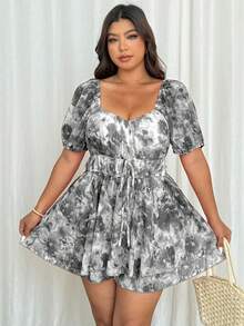 Flirla Plus Size Romantic Girly Style Square Collar Cinched Waist Double-Layer A-Line Jumpsuit - Black - View 3