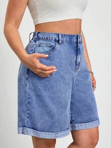 SHEIN CURVE+ 大码女式带口袋纽扣休闲百搭日常牛仔短裤，春夏皆宜，适合嘉年华、通勤、度假、毕业季等场合，时尚又充满Y2K风格，可爱街头风，性感派对、婚礼、商务休闲皆可穿着。女式休闲浅色水洗牛仔百慕大短裤，卷边裤脚带口袋，蓝色 - 深色水洗藍 - 查看 6