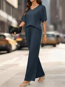 Editum Women's Summer Navy Blue Casual Everyday Solid Elegant Outfit,Textured Round Neck Short Sleeve Loose Top And Wide Leg Pants Set For Daily Vacation - Blue - View 5