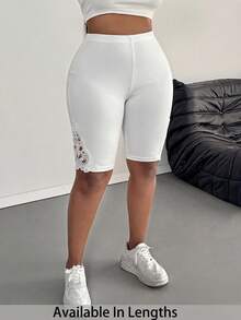 SHEIN PETITE CURVE Plus Size Women's Solid Color Casual Basic Leggings,High-Waisted Mid-Length White Sommar Smart Casual Gym Pants For Petite Figures,Sports Y2K Outing - White - View 6