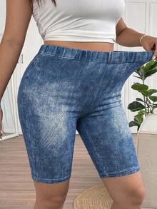 SHEIN Frenchy Pantalones cortos elásticos de cintura alta con textura azul natural para mujer talla grande - Multicolor - Ver 6