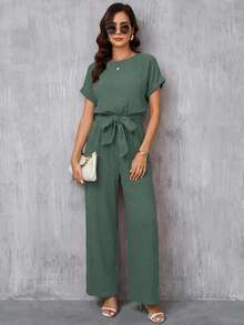 SHEIN Clasi Bộ jumpsuit dài nữ màu xanh dương thanh lịch, cổ tròn, hai lớp vải cotton nhăn, thắt eo, thích hợp cho kỳ nghỉ hè, hẹn hò, đi làm và du lịch. - Màu xanh Ô liu - Xem 8
