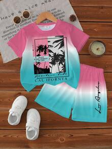 RANDOM 3PCS ENVIAR 1 pieza Conjunto estilo California para niños en degradado rosa & azul, camiseta de manga corta con estampado de palmera de coco + pantalones cortos, adecuado para salidas a la playa y uso diario, conjunto de 2 piezas de camiseta de manga corta con estampado de palmera de coco en degradado & pantalones cortos, atuendo casual y cómodo para vacaciones en la playa para niños - Multicolor - Ver 4