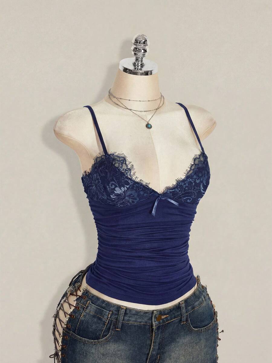 SHEIN ICON 撞色蕾丝褶饰 Y2k 吊带上衣 - 藏蓝色 - 查看 1