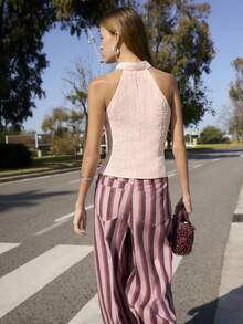 Nöista Mao Neck Sleeveless Top In Pink Color, Part Of A Set, Chinese Buttons Detail On Neck. Festival, Outfit Casual, Graduation. - Pink - View 3