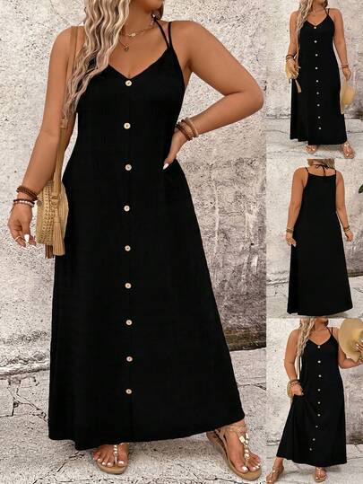 SHEIN CURVE+ Plus Size Women Versatile Textured Button Strap Dress